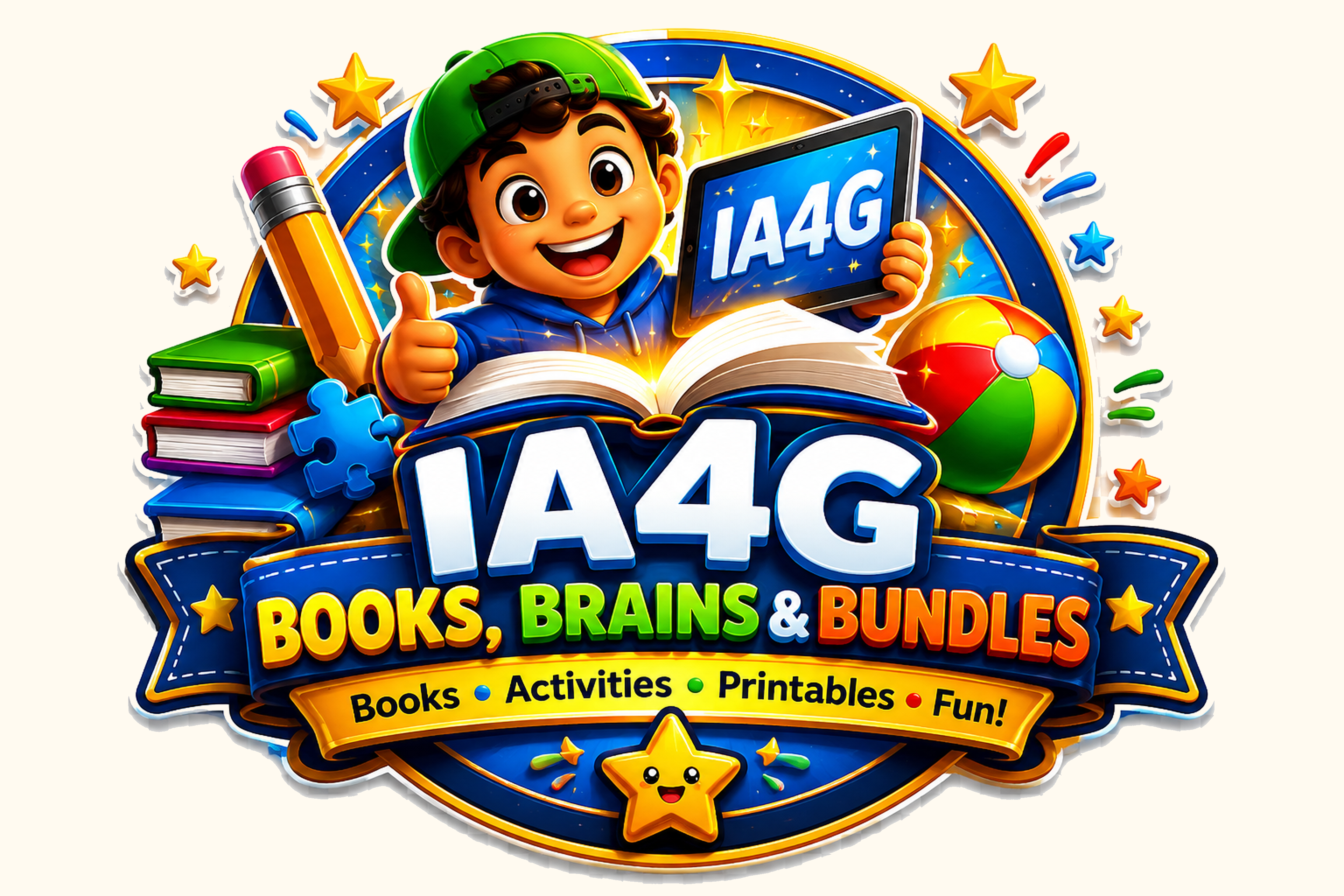 Smiling child with a pencil, books, stars, an open book, and large IA4G Books, Brains & Bundles text.