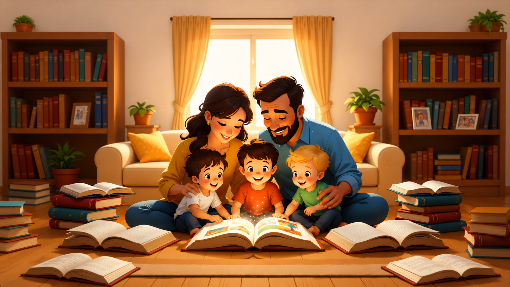 Family sitting together in a warm room reading an open book surrounded by books.