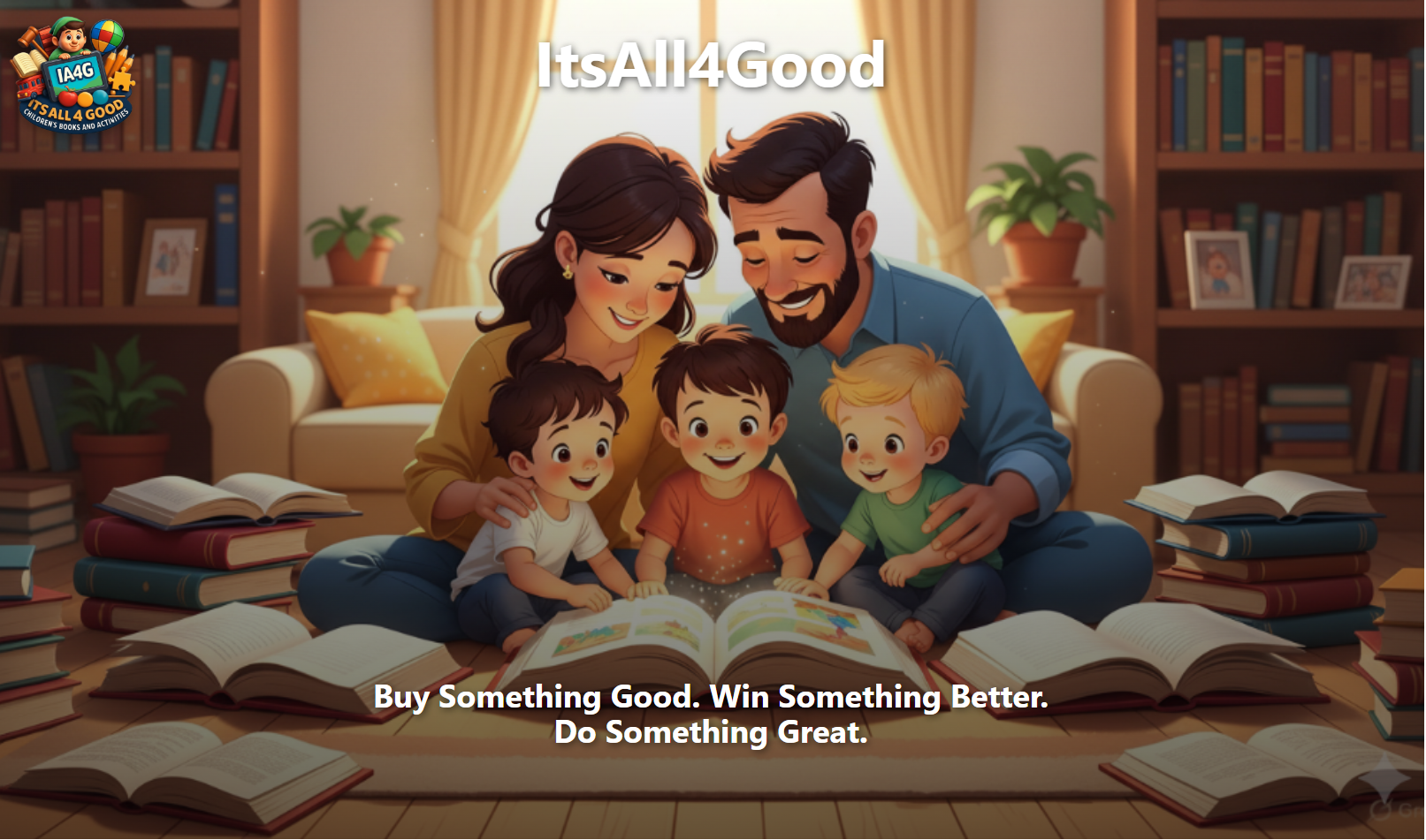 ItsAll4Good homepage banner with ItsAll4Good branding, family reading together, and the tagline Buy Something Good. Win Something Better. Do Something Great.