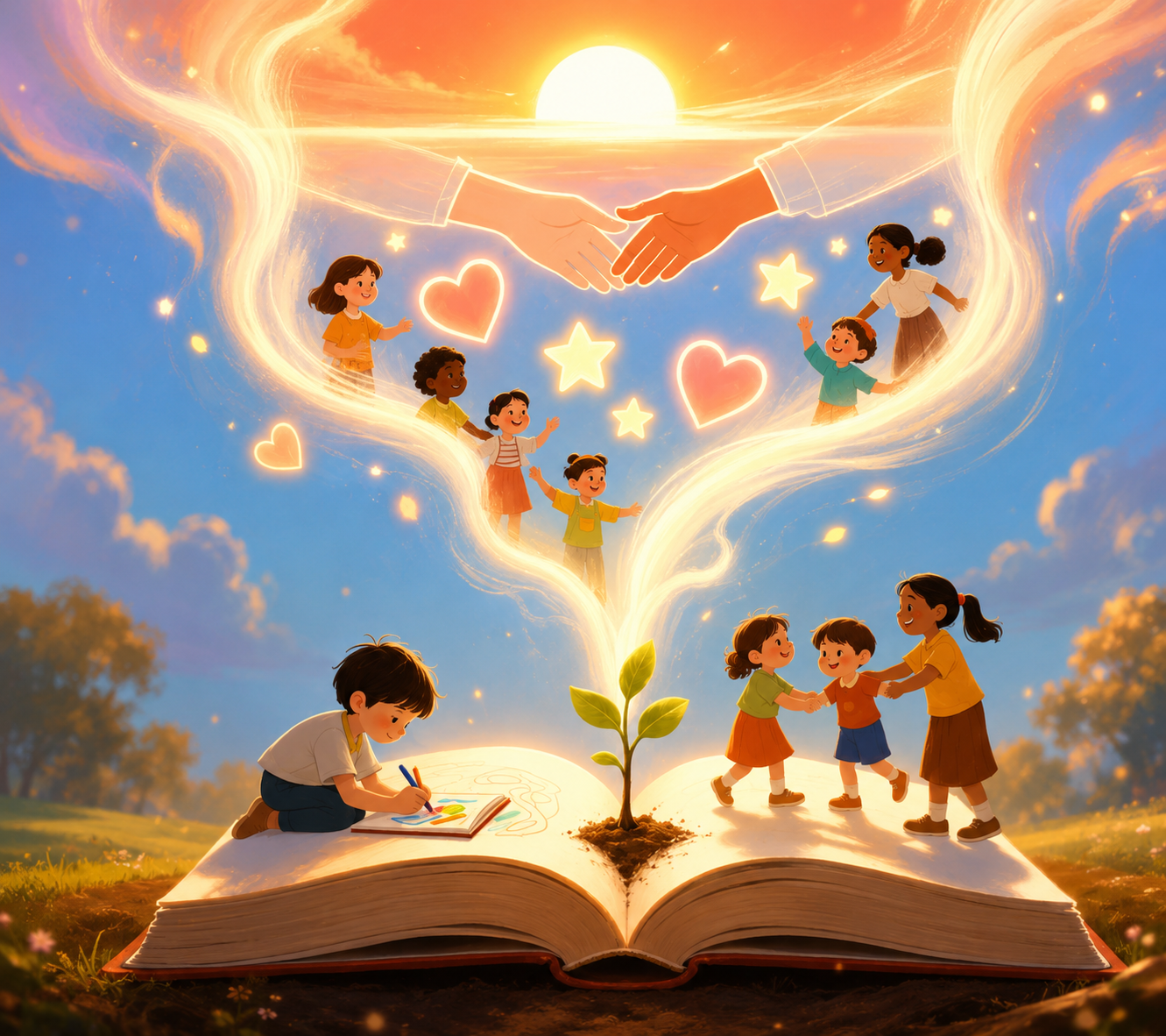 Children and glowing storybook imagery representing learning, imagination, kindness, and giving.
