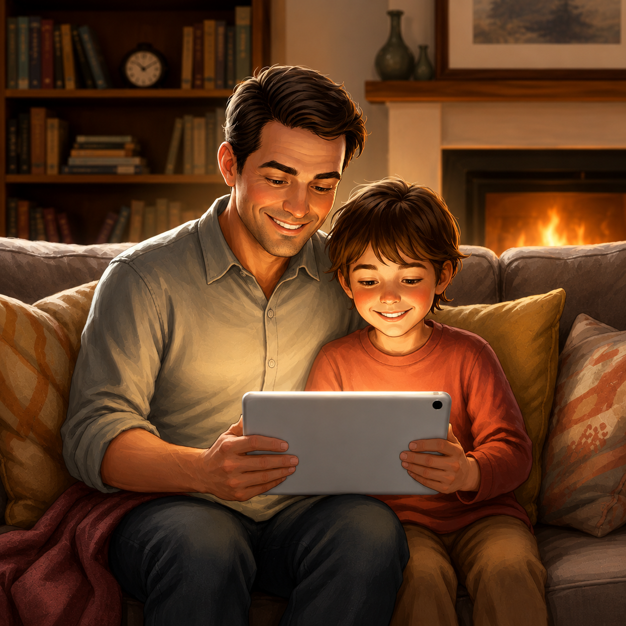 Father and child sitting together on a couch looking at a tablet with digital products in My Library.