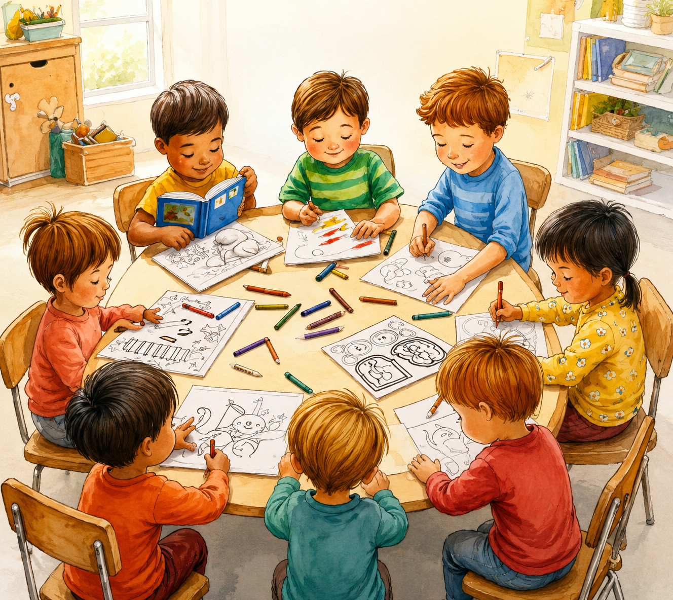 Children using books, coloring pages, and activity sheets together at a table.